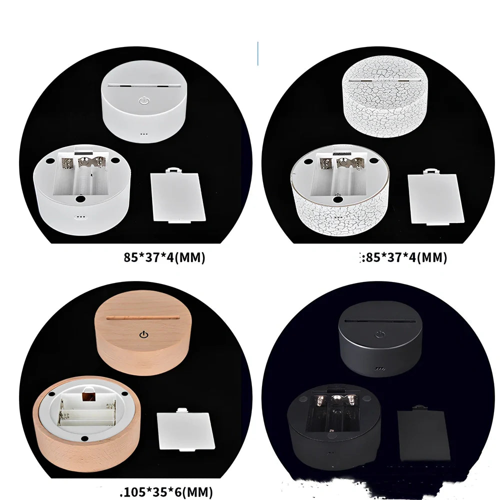 Creative 3D LED bedside night light with 4mm acrylic shade, touch switch, and USB cable on black ABS base