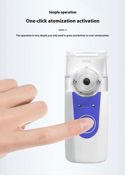 A white columnar handheld USB nebuliser spray machine with a single mist outlet on a table.