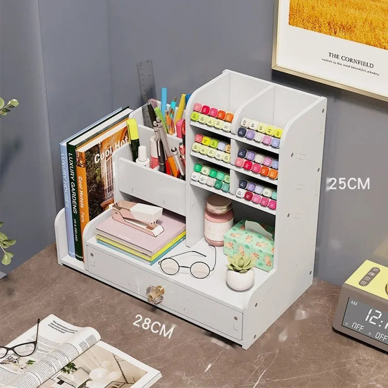 Square plastic pen holder storage box with multiple grid compartments for stationery organisation.