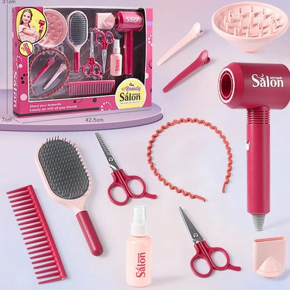 Children's plastic hair salon toy set with hair dryer and curler pieces for role-play