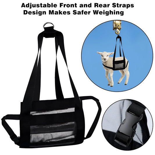 Black ripstop nylon animal weighing sling with adjustable handles for calves and large dogs