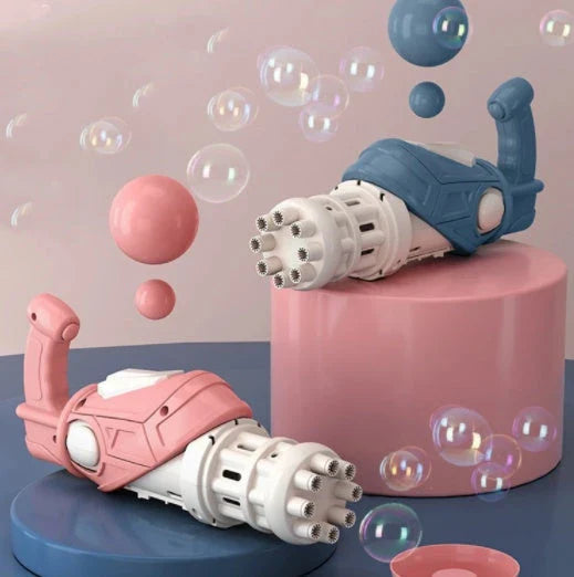A colorful bubble machine with 8 bubble-blowing holes, designed for safe, mess-free outdoor fun for kids and pets.