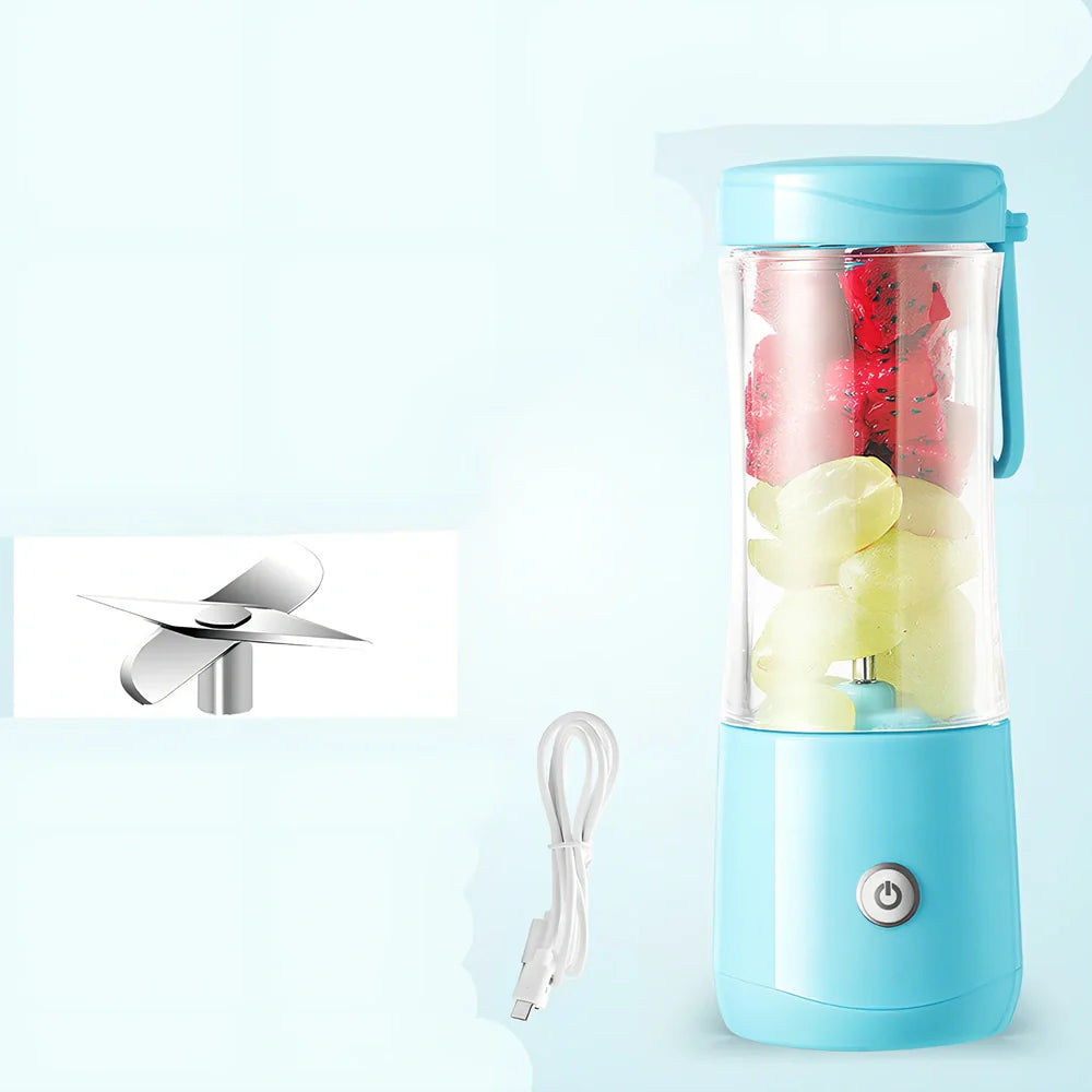 Mini electric portable juice machine with USB cable and six-blade stainless steel design in dark green colour