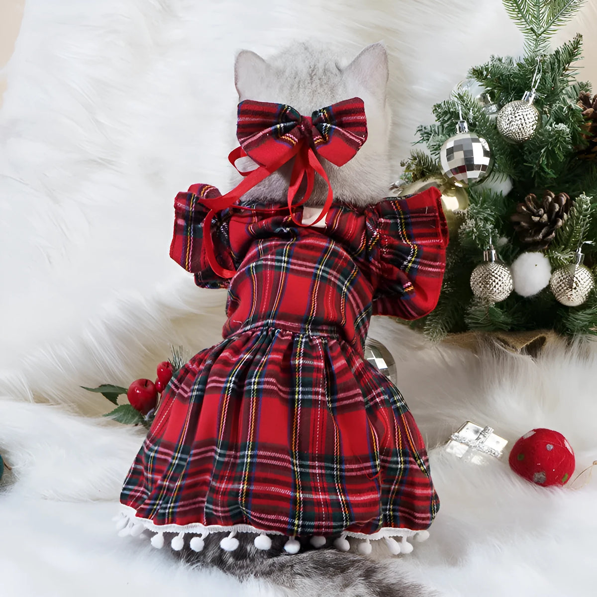 Red Christmas tartan pet skirt with head flower accessory for cats and dogs
