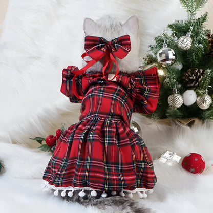 Red Christmas tartan pet skirt with head flower accessory for cats and dogs