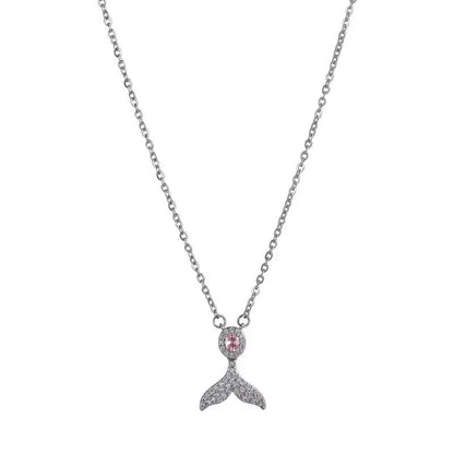 Women's sterling silver fishtail pendant necklace on adjustable O-ring chain, showing geometric design.