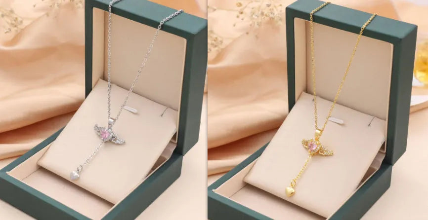 Cupid heart angel wings necklace with titanium steel, zircon crystal and 41-50cm O-shaped chain in silver or gold