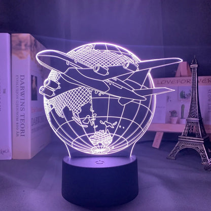 Custom 3D airplane hologram night light with optical acrylic panel and ABS base showing colour-changing illumination