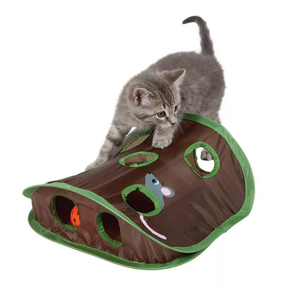 Interactive cat toy with nine holes for hide and seek games, includes ball and mouse