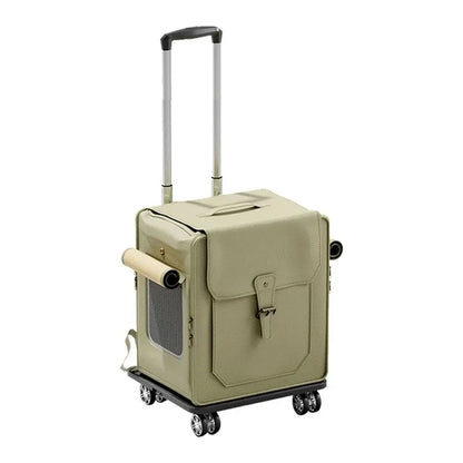 Foldable large capacity cat carrier bag in hard PU, shown in milky white or army green with optional pull rod