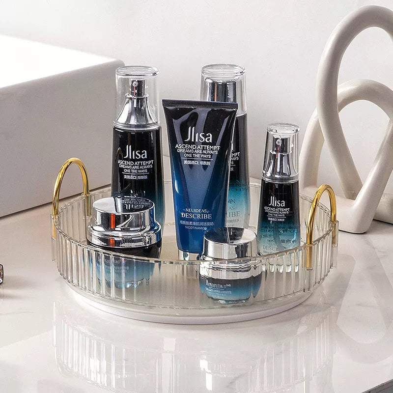 3-layer rotating cosmetic shelf in green, yellow, or white for bathroom organization
