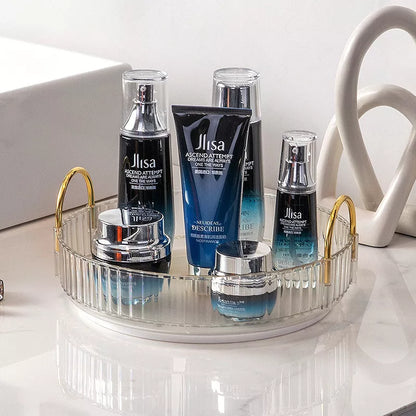 3-layer rotating cosmetic shelf in green, yellow, or white for bathroom organization