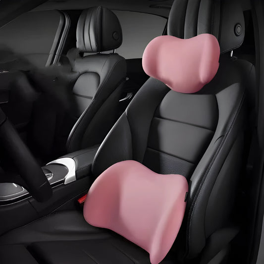 Black memory cotton car headrest cushion and matching lumbar support pillow on a car seat.