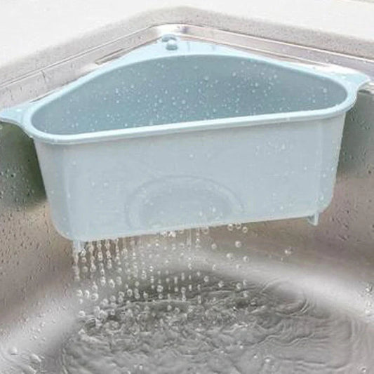 Triangle-shaped kitchen drain basket with six layers and suction cup base in beige colour