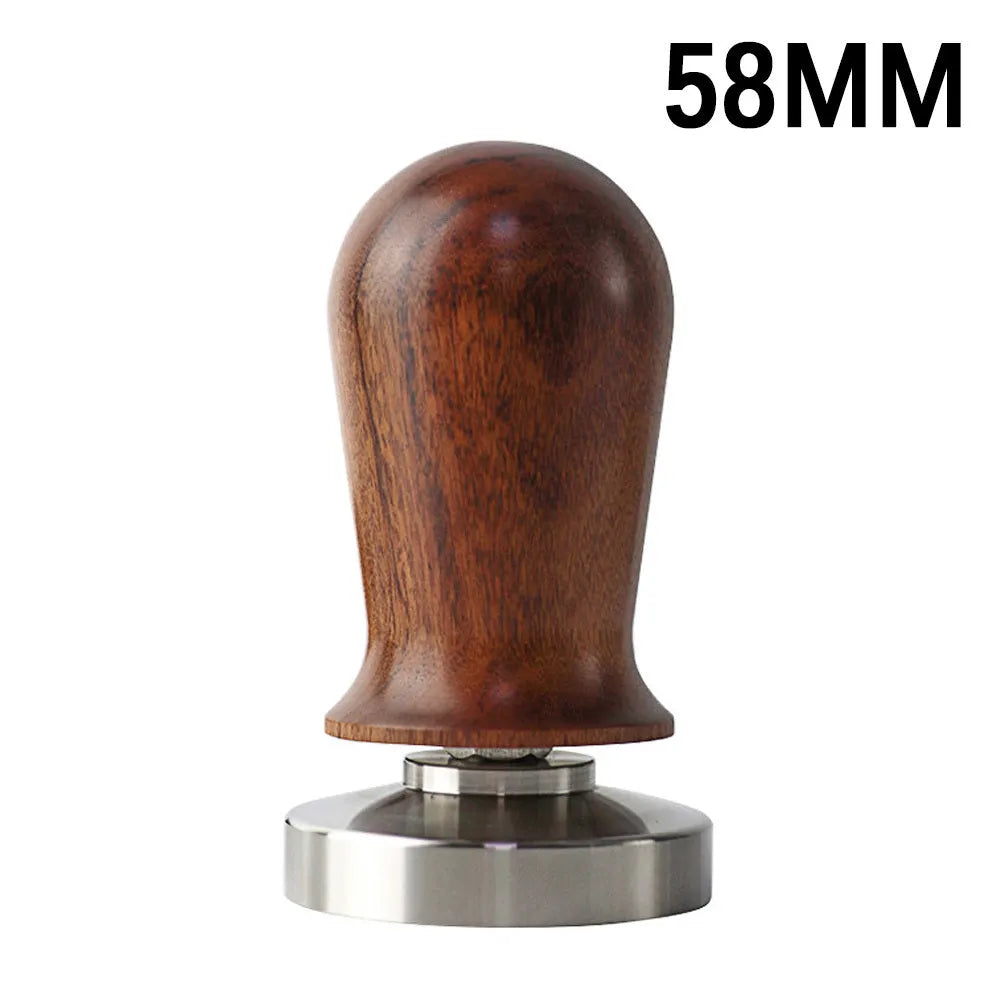 Stainless steel coffee tamper with silicone distribution pad in black or red, showing aluminium handle.