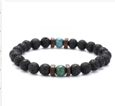 Stylish men's bracelet made with natural volcanic stone, flash stone, and wood chip in a geometric, mosaic-like design