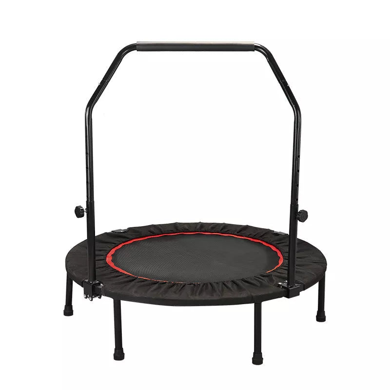 Red and black indoor trampoline with optional safety handrail for kids and adults