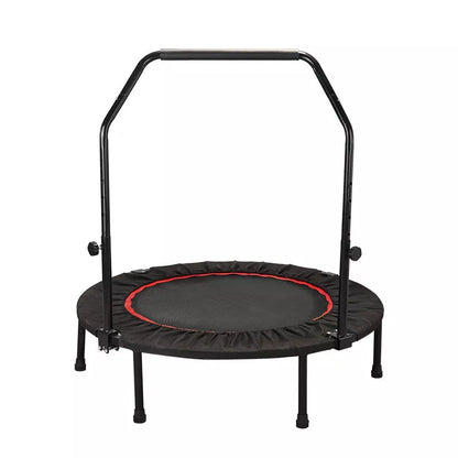 Red and black indoor trampoline with optional safety handrail for kids and adults