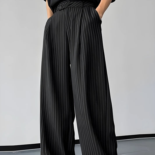 Men's black vertical striped pleated casual trousers with high elasticity fabric in rabbit hair and bamboo fibre blend