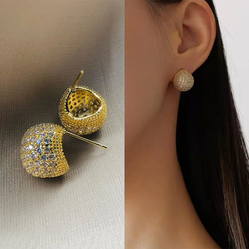 Geometric drop-shaped ear clips with full diamond design in gold or white colour options