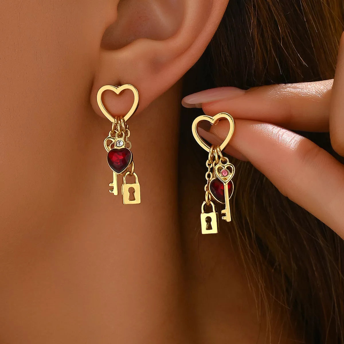 Valentine's Day Luxury Love Earrings with rhinestone lock design and diamond treatment