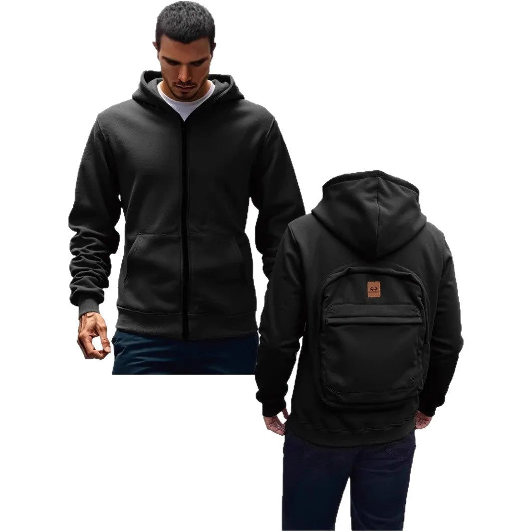 Men's loose-fit hoodie cardigan sweater with back schoolbag design and stick pocket in light grey, black and blue.