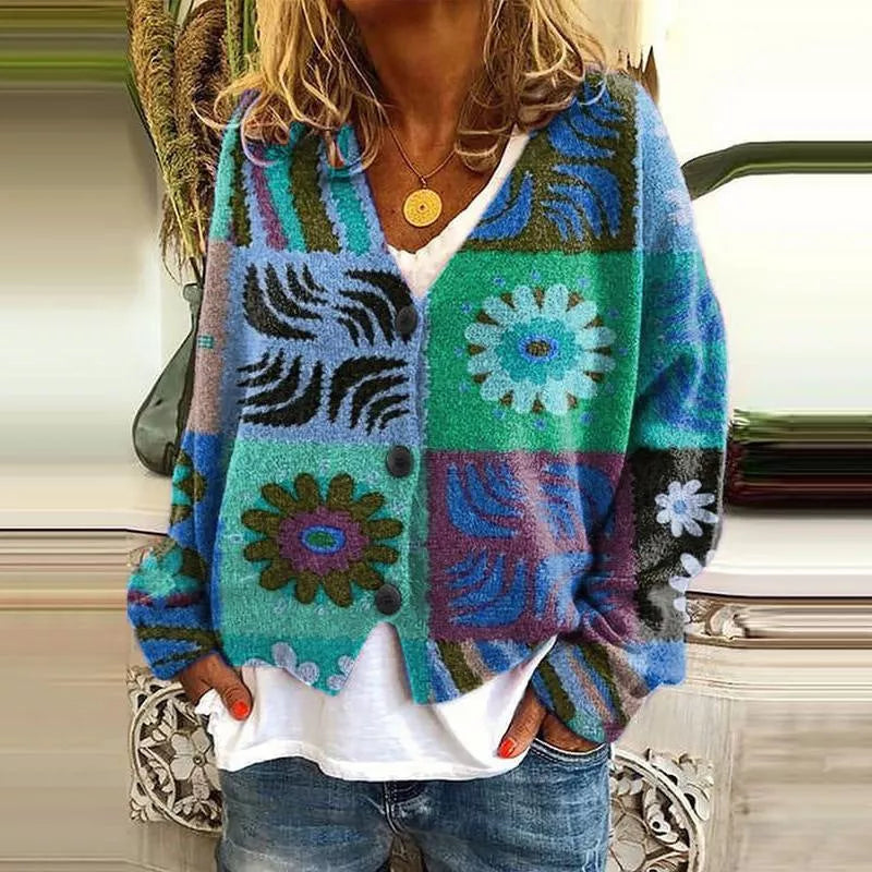 Women's Christmas abstract flowers printing sweater cardigan in various colors