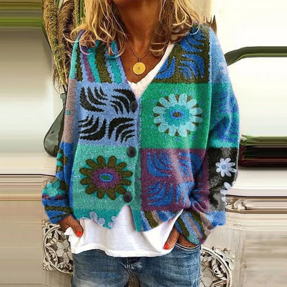 Women's Christmas abstract flowers printing sweater cardigan in various colors