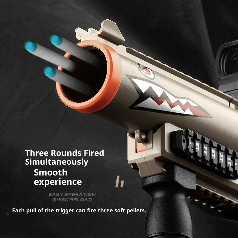 Three-series grenade launcher soft bullet gun in shark sand colour, showing 25cm length and textured grip surface