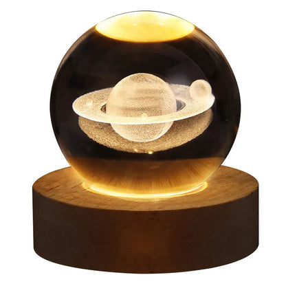 Crystal ball night light projecting 3D starry sky and planets with solid wood base