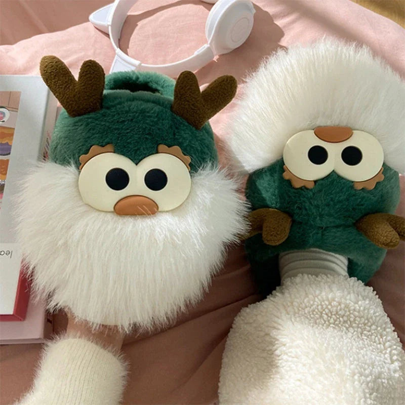 Cozy Cartoon Deer Slippers with Plush Fabric, Thick EVA Soles, and Whimsical Design for Comfortable Indoor Wear