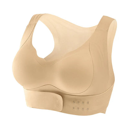 Women's front buckle yoga bra in black, showing back shaping design and fixed double straps.