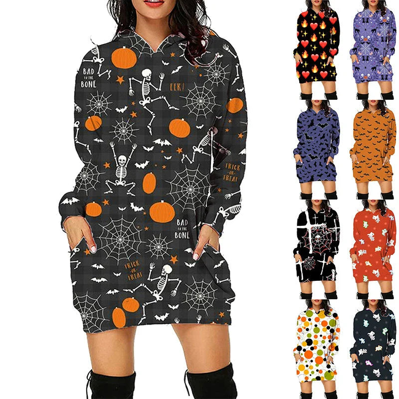 A comfortable and stylish Halloween-themed hooded sweatshirt with a unique printed design and convenient front pockets.