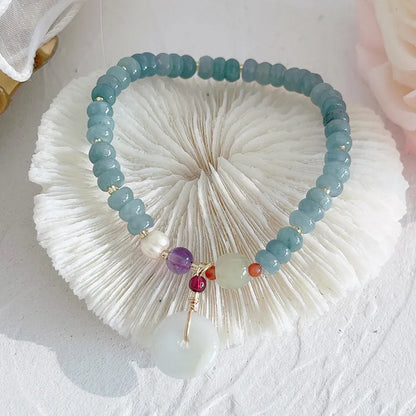 Blue Hetian jade gourd peace buckle bracelet with strawberry quartz beads and adjustable length