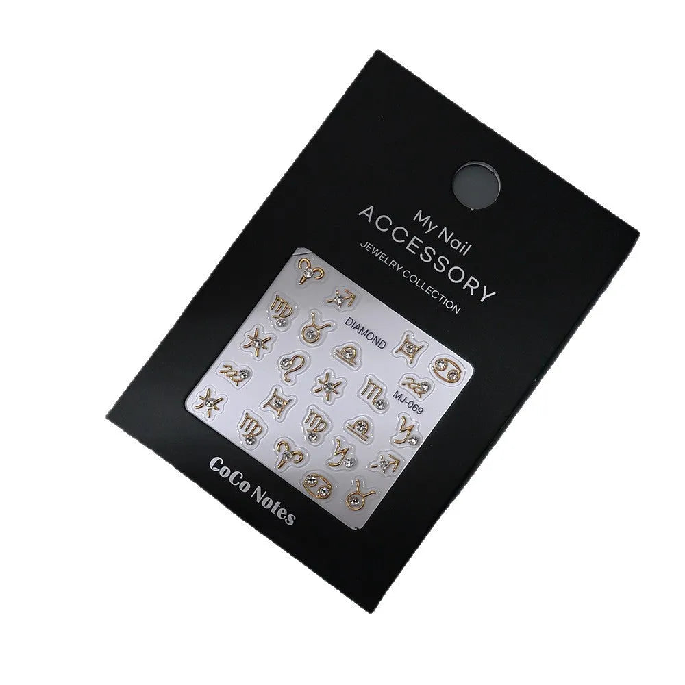 Constellation embossed nail sticker in MJ069 Gilding and MJ069 Hot Silver, ultra-thin seamless adhesive design for nail art.