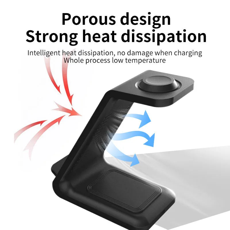 White 3-in-1 wireless charger with upright phone holder charging smartphone, earbuds, and smartwatch simultaneously