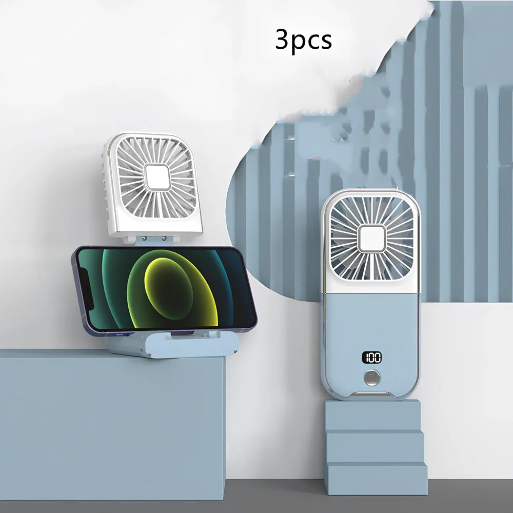 F30Pro folding portable handheld fan in white with digital display, 169x81x20mm size, USB charging, plastic blades for cooling