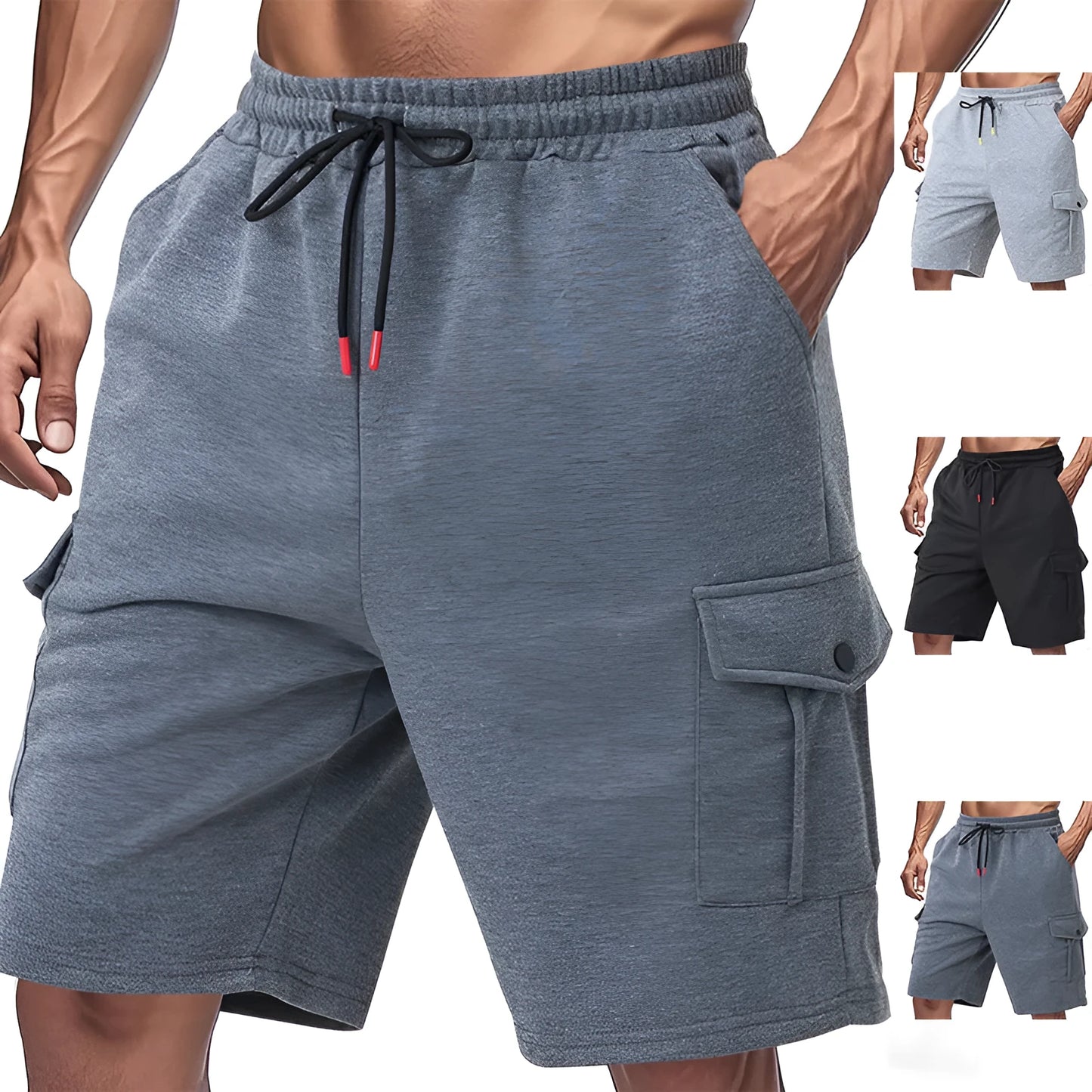 A pair of light grey heavy loose casual sports cargo shorts with multiple pockets on a mannequin.