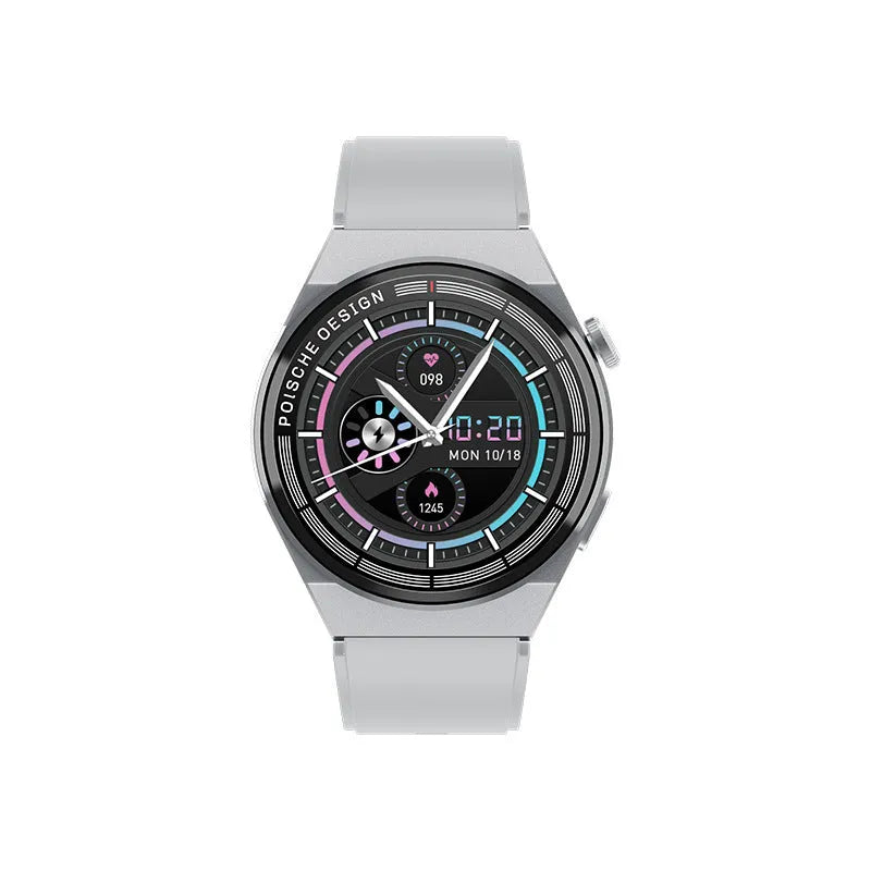 Black Bluetooth smartwatch with circular tempered glass screen showing NFC and blood sugar monitoring functions.