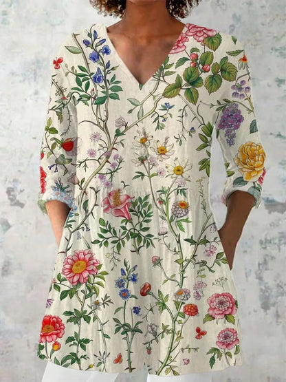 Women's retro slim fit long-sleeved top with digital printed pattern in various colours, showing front view