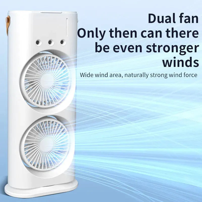 White portable humidifier fan with double heads and remote control on a table