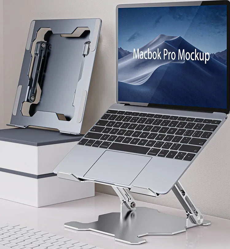 Grey aluminium alloy laptop stand with adjustable angle and folding legs for portable use