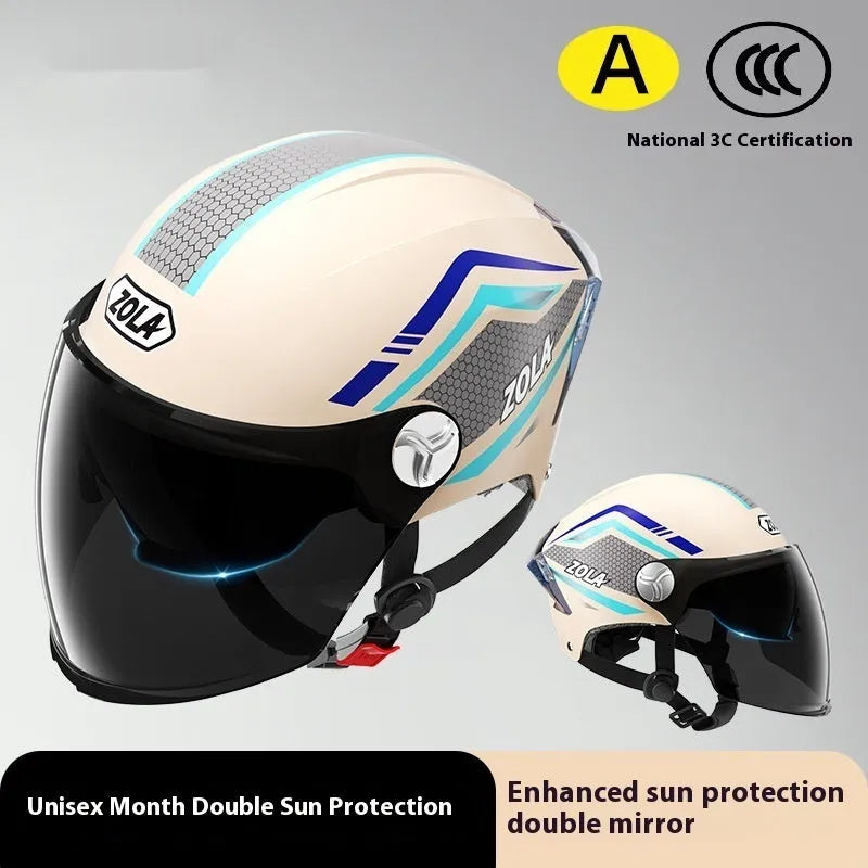 Men's and women's battery motorcycle half helmet with double mirror visor in light brown colour, 3C-certified ABS construction