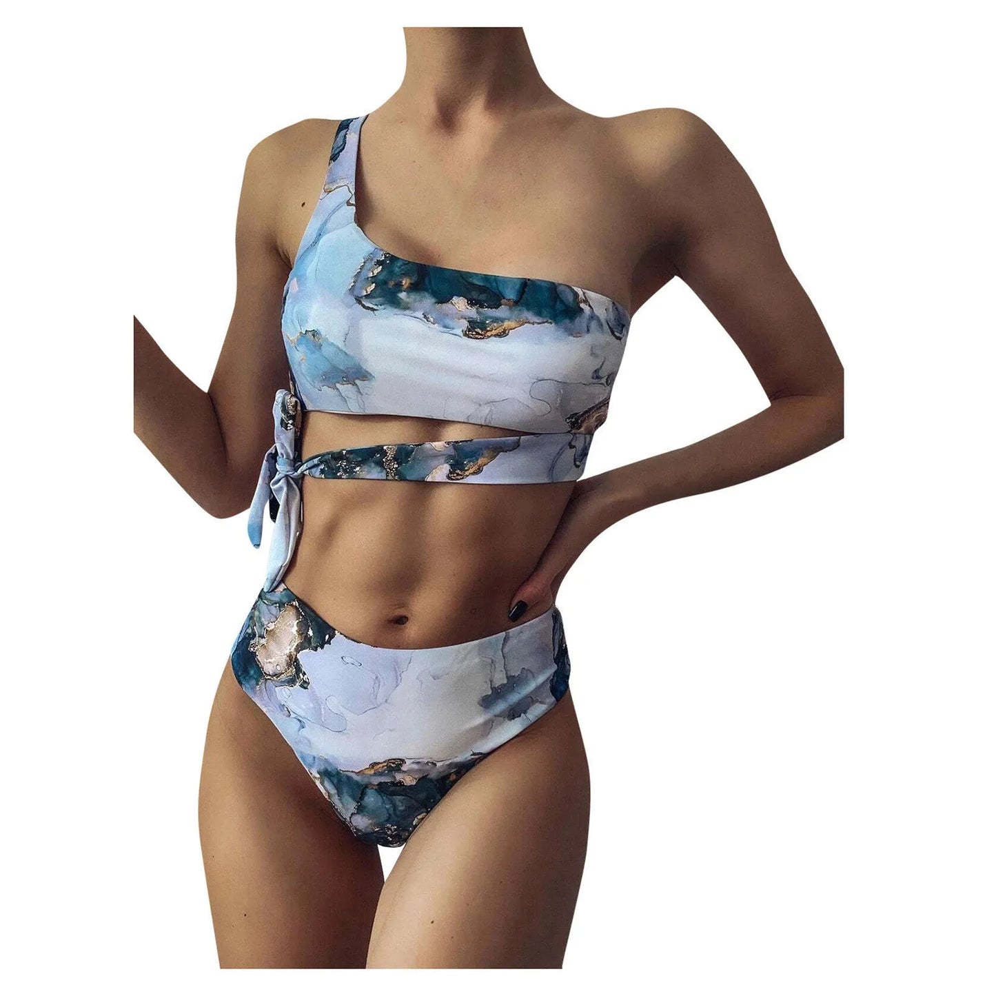 Women's high-waist bikini set with U-neck top in a blue marble tie-dye print.