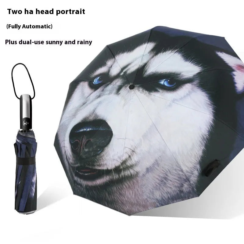 Folding umbrella showing tri-fold design with gesture motif and plastic handle