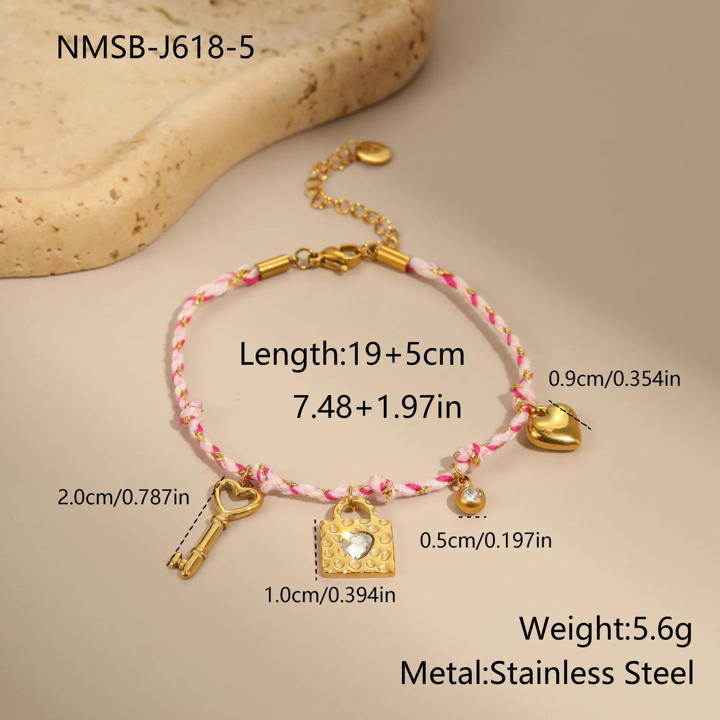 Handmade braided rope titanium steel necklace and bracelet with heart pendant on 18K gold plated chain.