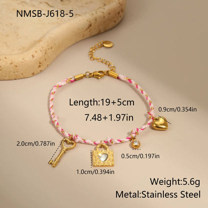 Handmade braided rope titanium steel necklace and bracelet with heart pendant on 18K gold plated chain.