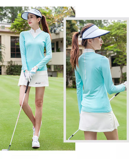 Women's golf long-sleeve t-shirt with stand-up collar and sun protection in navy blue and lake green
