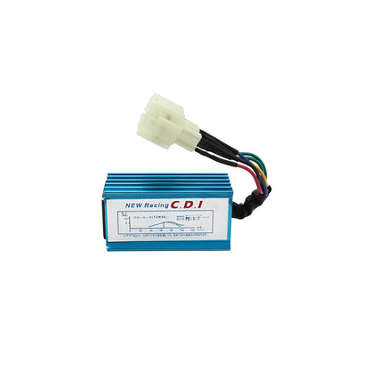 6-pin motorcycle CDI igniter with blue aluminium body and light for pedal 50 to 150CC engines