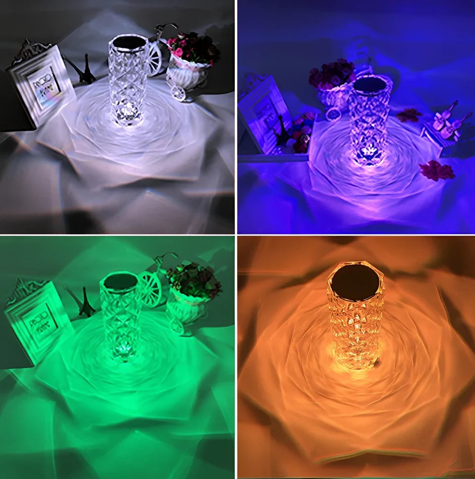 Crystal diamond-style acrylic table lamp with RGB colour touch controls and USB charging cable